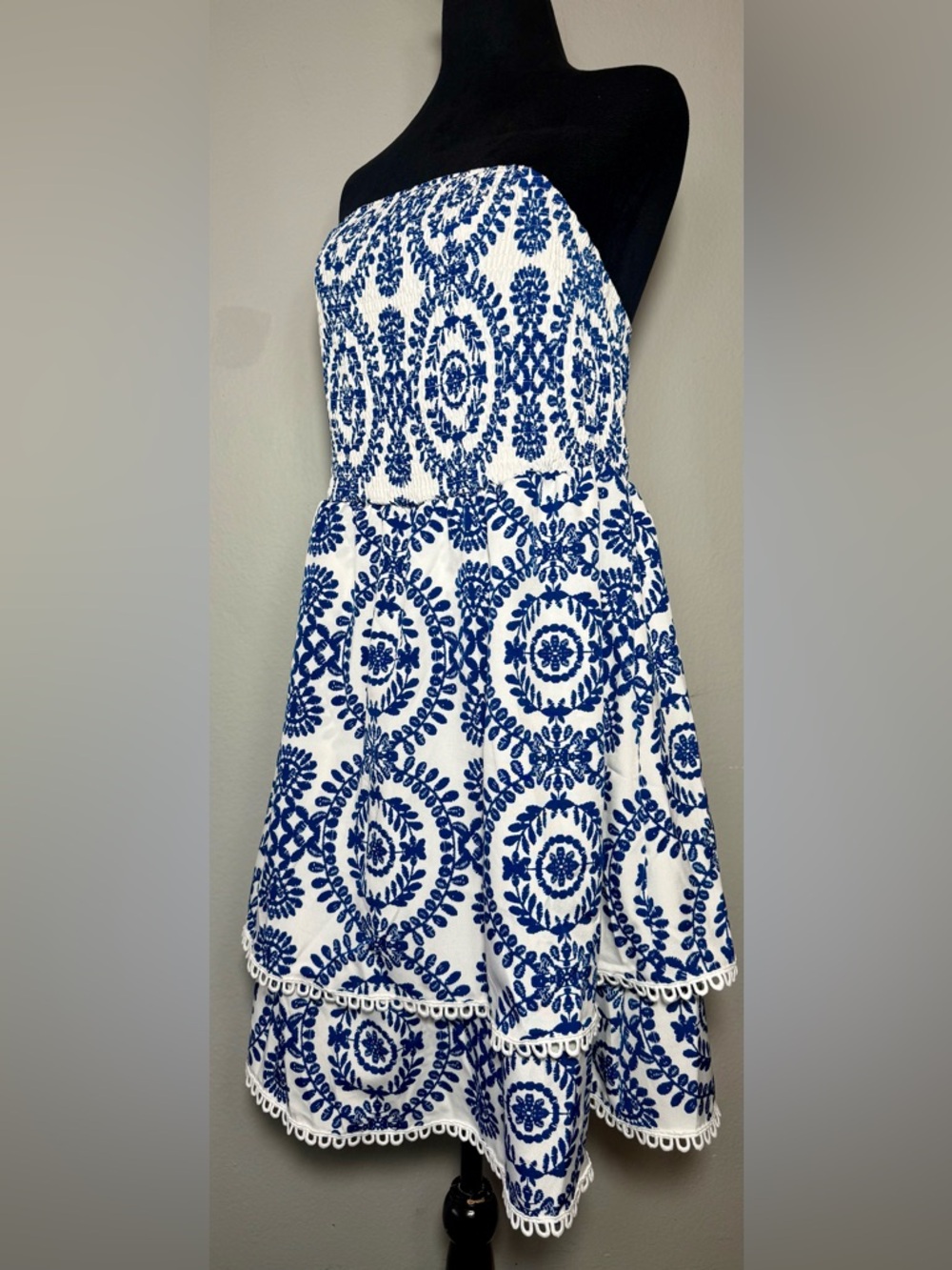 SHEIN Smocked Bodice Boho Tiered Dress - Blue & White, Size 1X NWOT